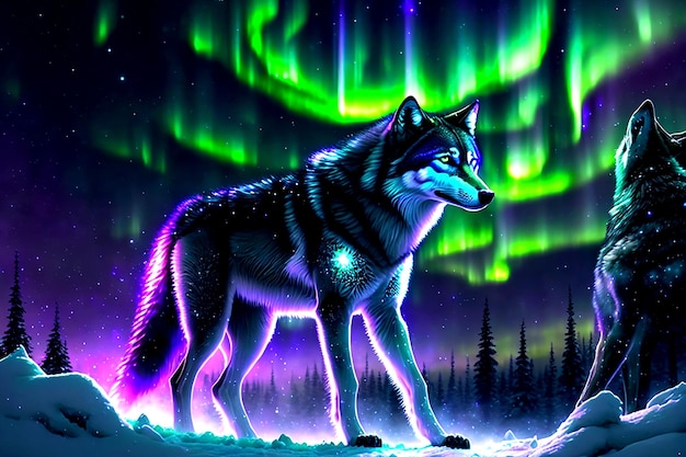 Wolf in veelkleurig noordelijk licht Aurora borealis