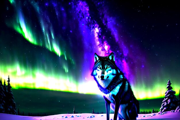 Wolf in veelkleurig noordelijk licht Aurora borealis