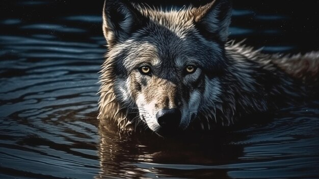 A wolf is in the dark with the light ongenerative ai