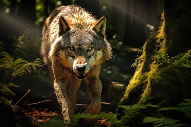 A wolf is hunting in the forest