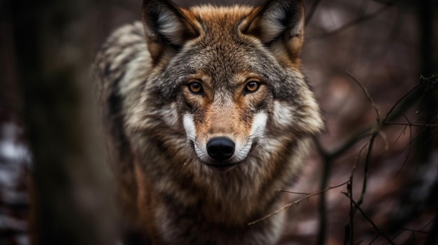 A wolf is looking at the camera.