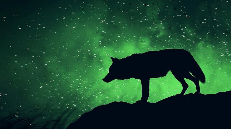 फोटो a wolf is on a mountain with stars in the background