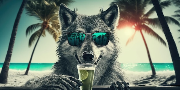 Wolf is op zomervakantie in een badplaats en ontspant op het zomerstrand