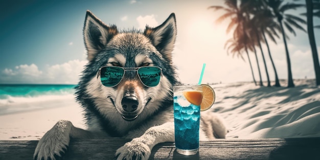 Wolf is op zomervakantie in een badplaats en ontspant op het zomerstrand