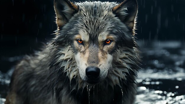 The wolf is portrait very closeup view