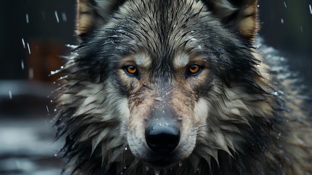 The wolf is portrait very closeup view