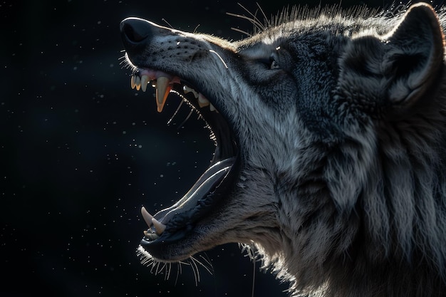 A wolf is shown with its mouth open showing its teeth