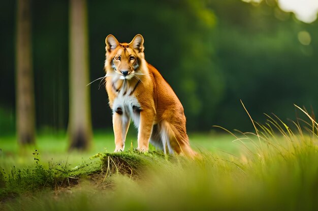 a wolf is sitting in the grass and looking at the camera