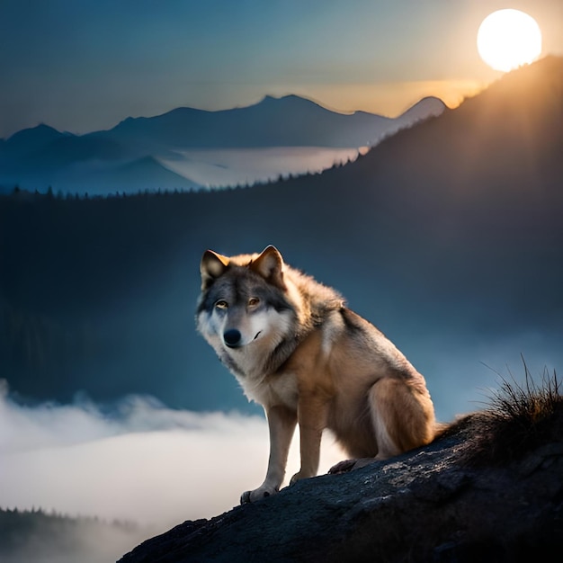 A wolf is sitting on a rock in front of a mountain.