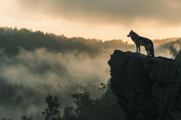 A wolf is standing on a rocky ledge in the woods