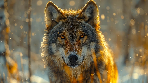 A wolf is standing in the snow with its head held high Concept of strength and confidence