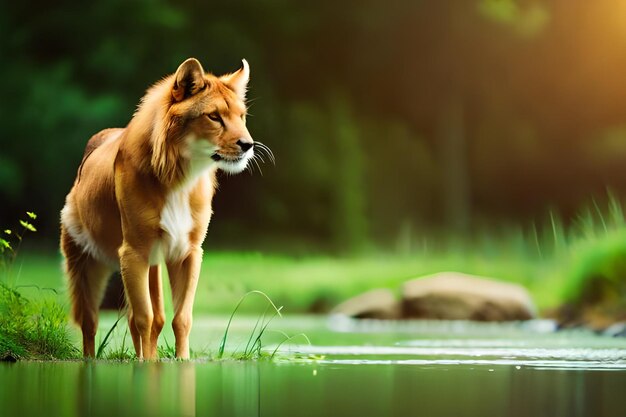 a wolf is standing in the water with a stick in his mouth