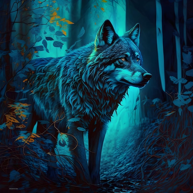 A wolf is in the woods with the light on.