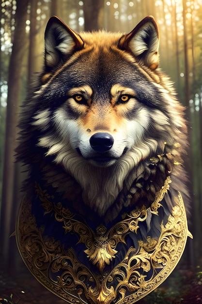 Wolf king with golden embroidery and a stern look generative ai