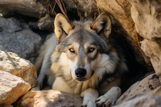 a wolf laying down in a cave with rocks