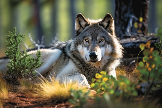 A wolf laying in the grass in the woods