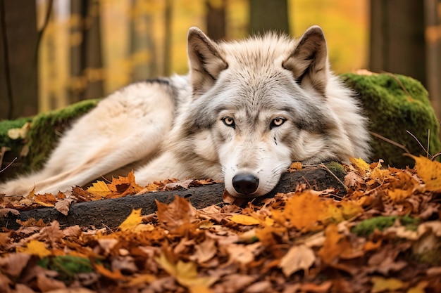 A wolf laying in the leaves in the woods