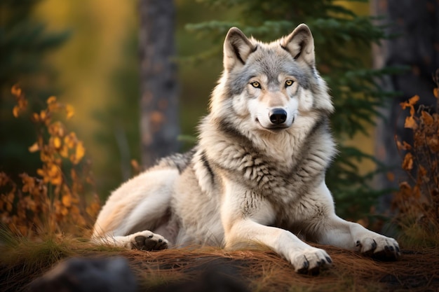 A wolf laying on a rock in the woods