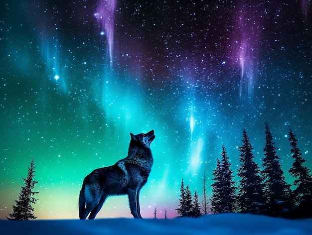 A wolf looking at the stars in the sky