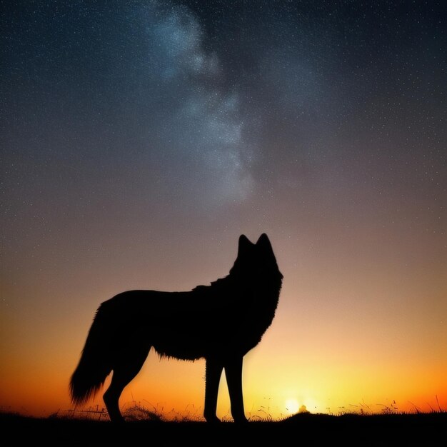 A wolf looking up at the sky with the milky way in the background.