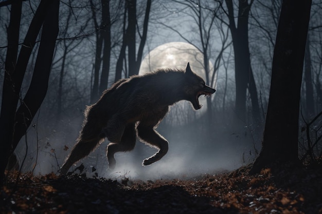 Wolf loopt in een mistig bos met volle maan op de achtergrond
