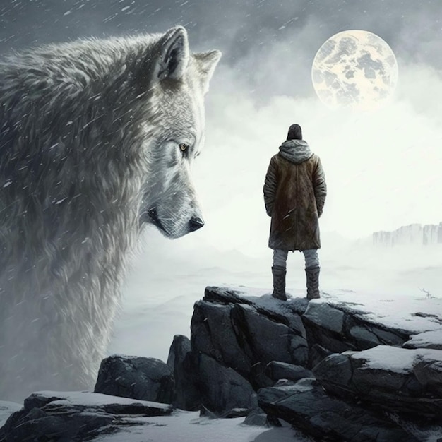 Photo a wolf and man stand on the top mountain oppsotise to a moon ai generated