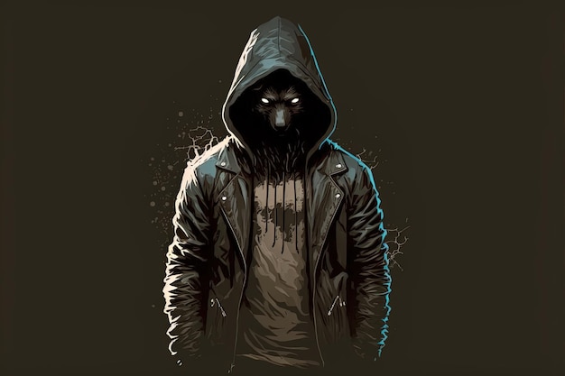 Wolf man, werewolf with jacket and hood, background. generative AI