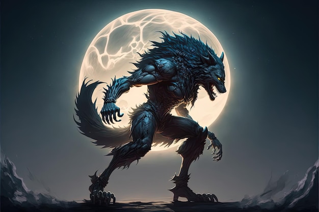 Wolf man, werewolf with jacket and hood, moon in the background. Generative AI