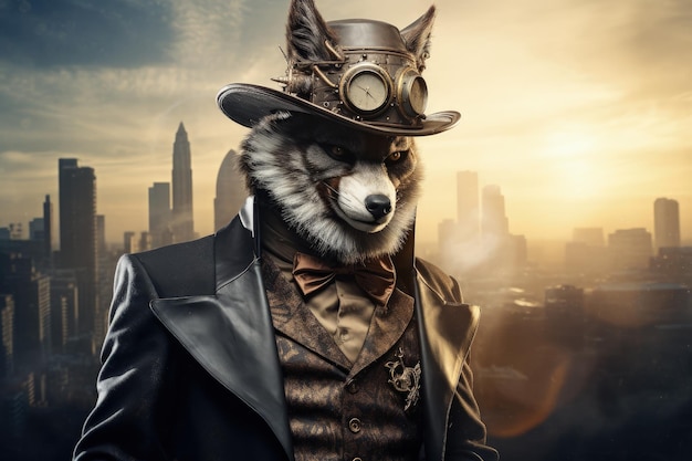 Wolf man with top hat and costume in steampunk style city in background fantasy Generative AI