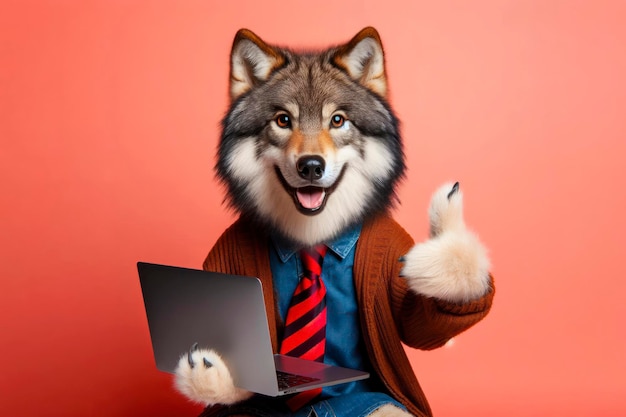 wolf met laptop die duimen op kleur achtergrond toont
