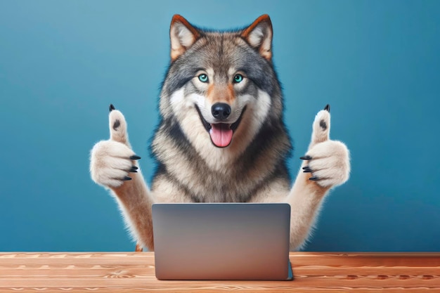 wolf met laptop die duimen op kleur achtergrond toont