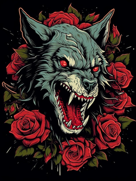 wolf met rozen frame illustratie plat ontwerp voor t-shirt mok geval