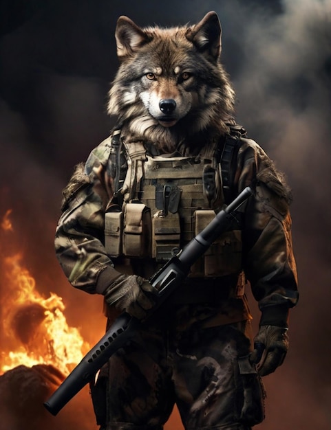 wolf in military uniform