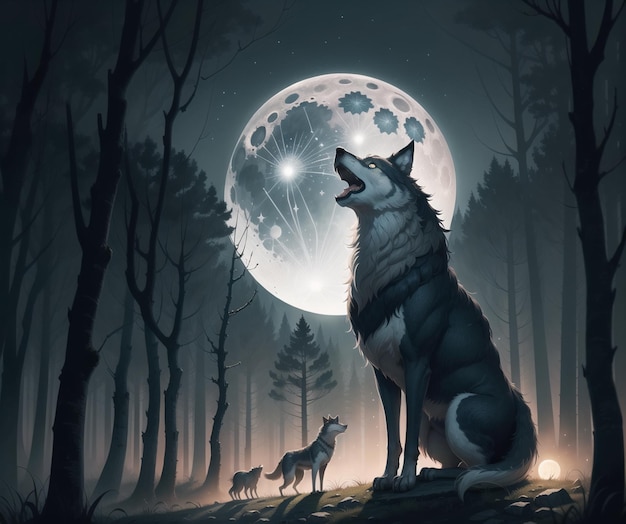 A wolf and a moon in the forest