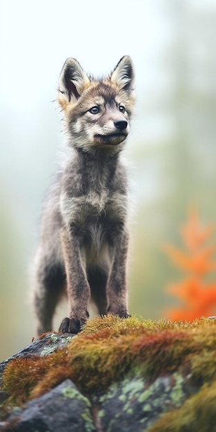 Photo a wolf on a mossy rock in the forest