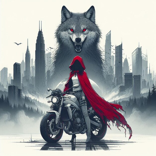 a wolf on a motorcycle with a wolf on the back