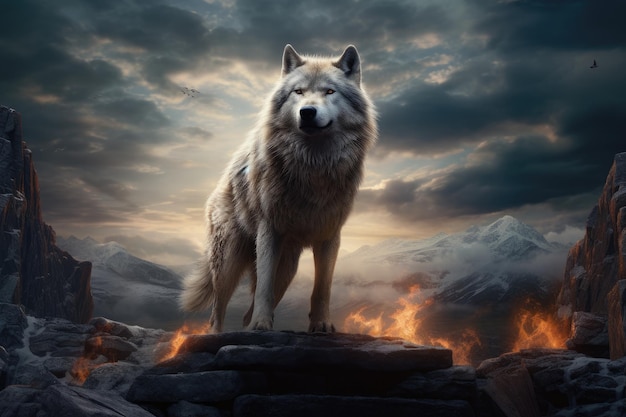 夕方の空の背景に山の狼 3Dレンダリング 狼が岩の前で立っている 満月の魔法のリアリズム マット絵画 危険な強力な生き物 AI生成