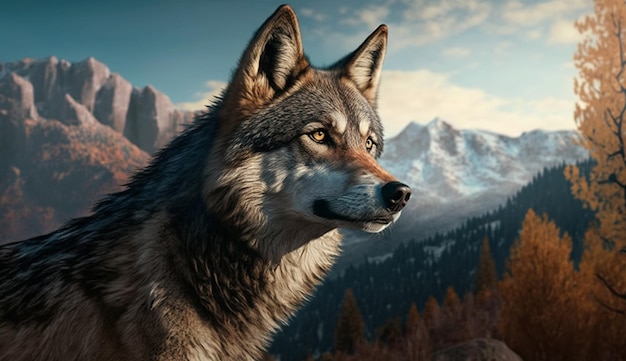 A wolf in the mountains with a mountain background