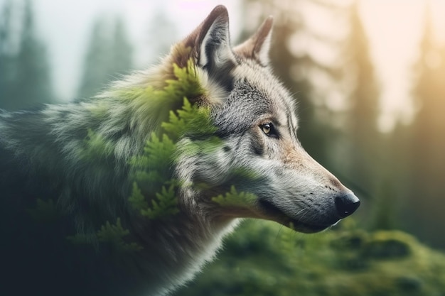 Wolf in nature double exposure Generative AI illustration