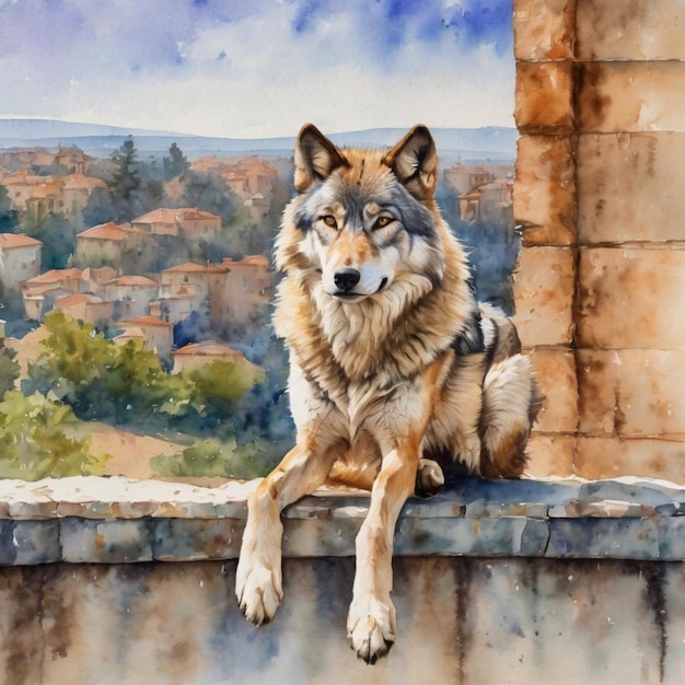 A wolf perched on a ledge gazing at a city below