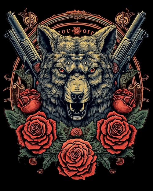 Wolf portrait with red roses and bold colors on Tshirt printing AI generated