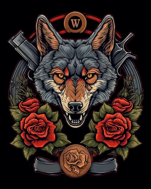 Wolf portrait with vintage elements and bold color contrast AI generated