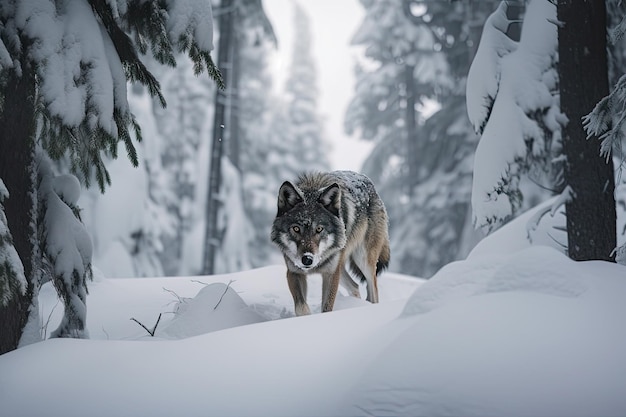 Wolf prowling through snowy forest searching for prey