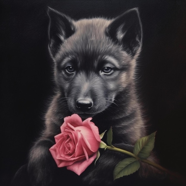 Wolf puppy holding a rose