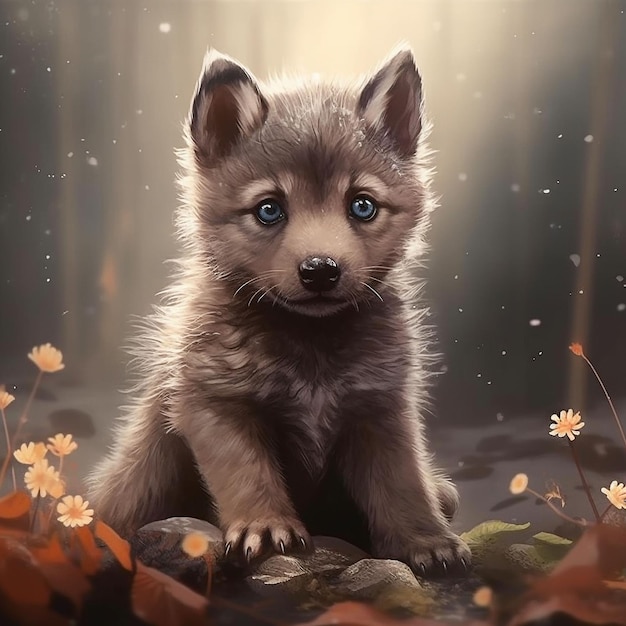 A wolf puppy in the woods