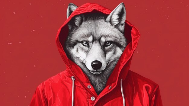 Photo a wolf in a red jacket with a hoodie