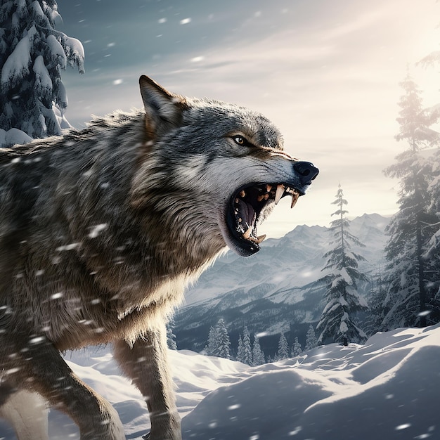 Photo a wolf roaring in winter background