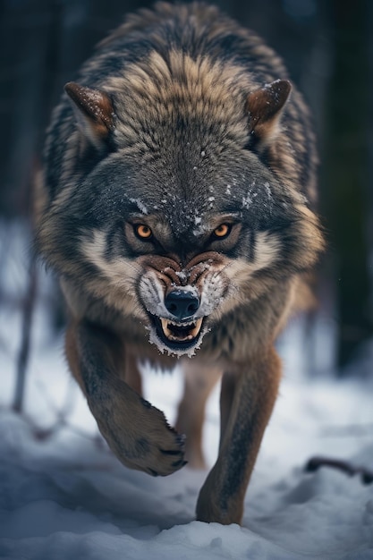 a wolf running in the snow