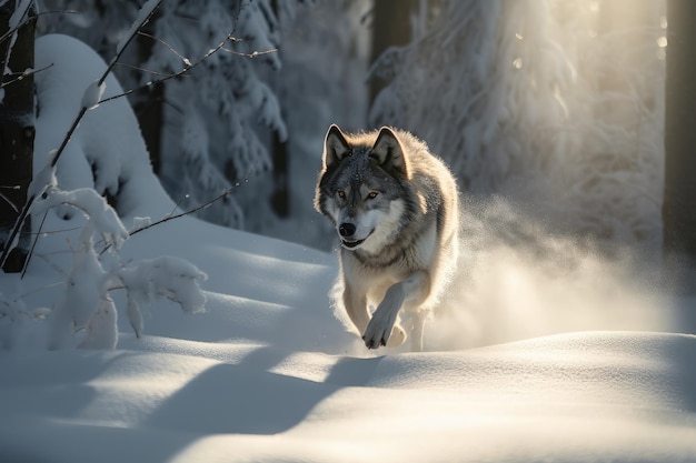 雪に覆われた森を、太陽の光を受けて毛皮を輝かせて走るオオカミ