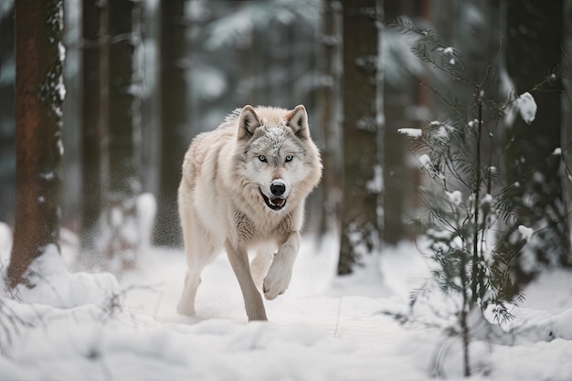 Photo wolf running through snowy forest its fluffy tail visible